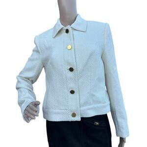 G Signature Women Cream Glittery Gold Straight Collar Long Sleeve Tweed Jacket